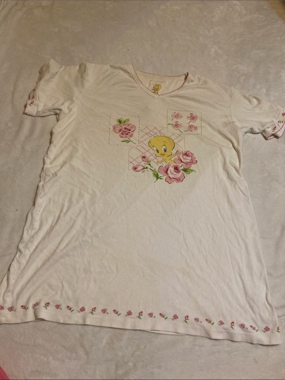Warner Bros. Tweety Floral Short Sleeve Nightshirt - White with Pink